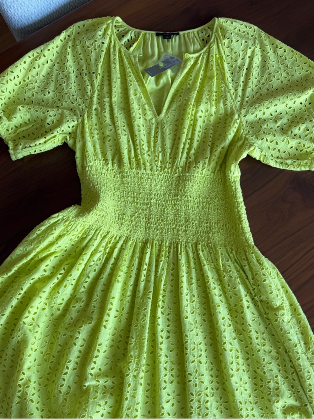J.Crew Provence Smocked-Waist Eyelet Midi Dress w/ pockets in lemon sorbet. NWT - Picture 8 of 10